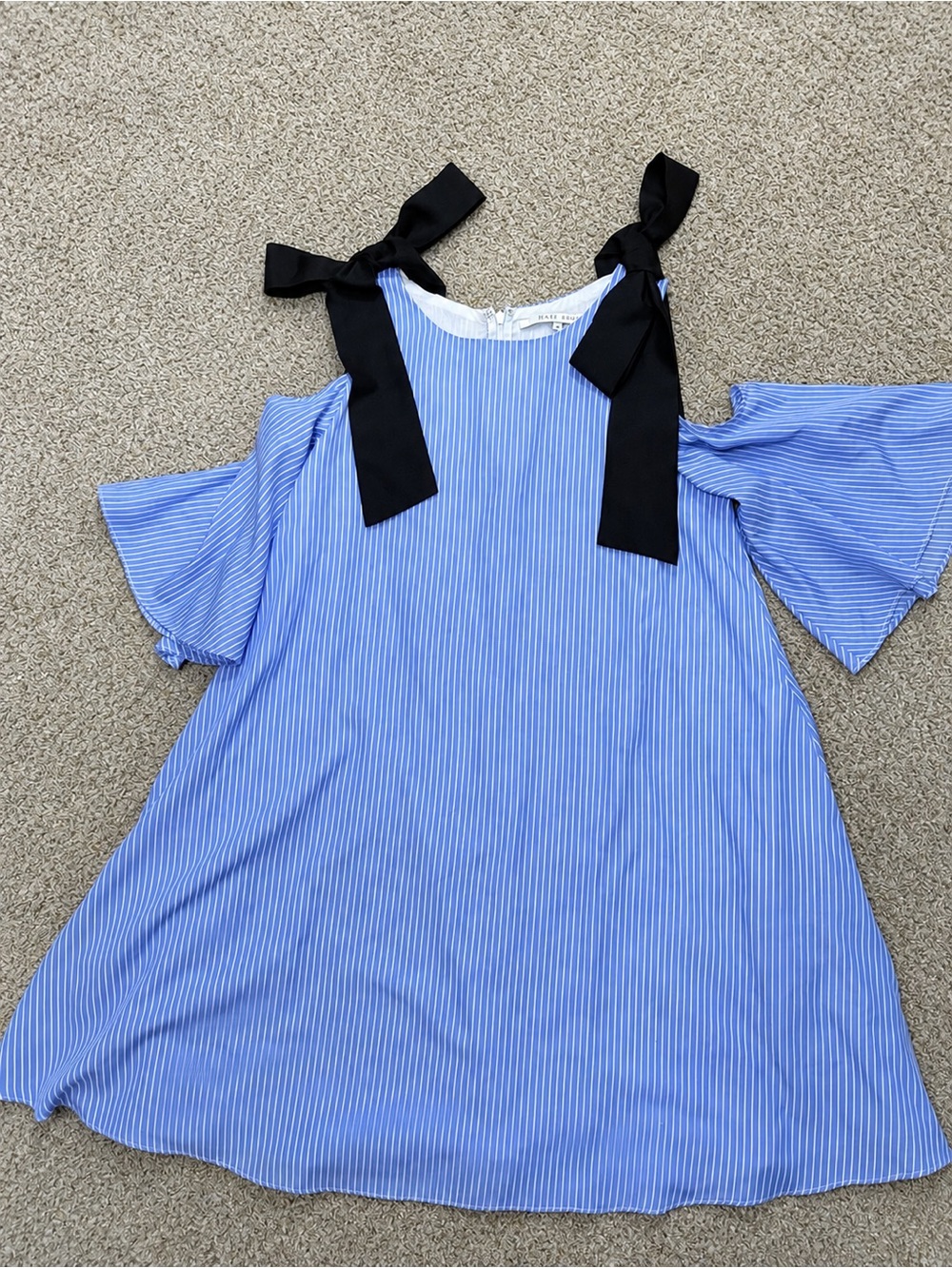 English Factory Blue Pinstripe Cold-Shoulder Dress with Black Bow Straps